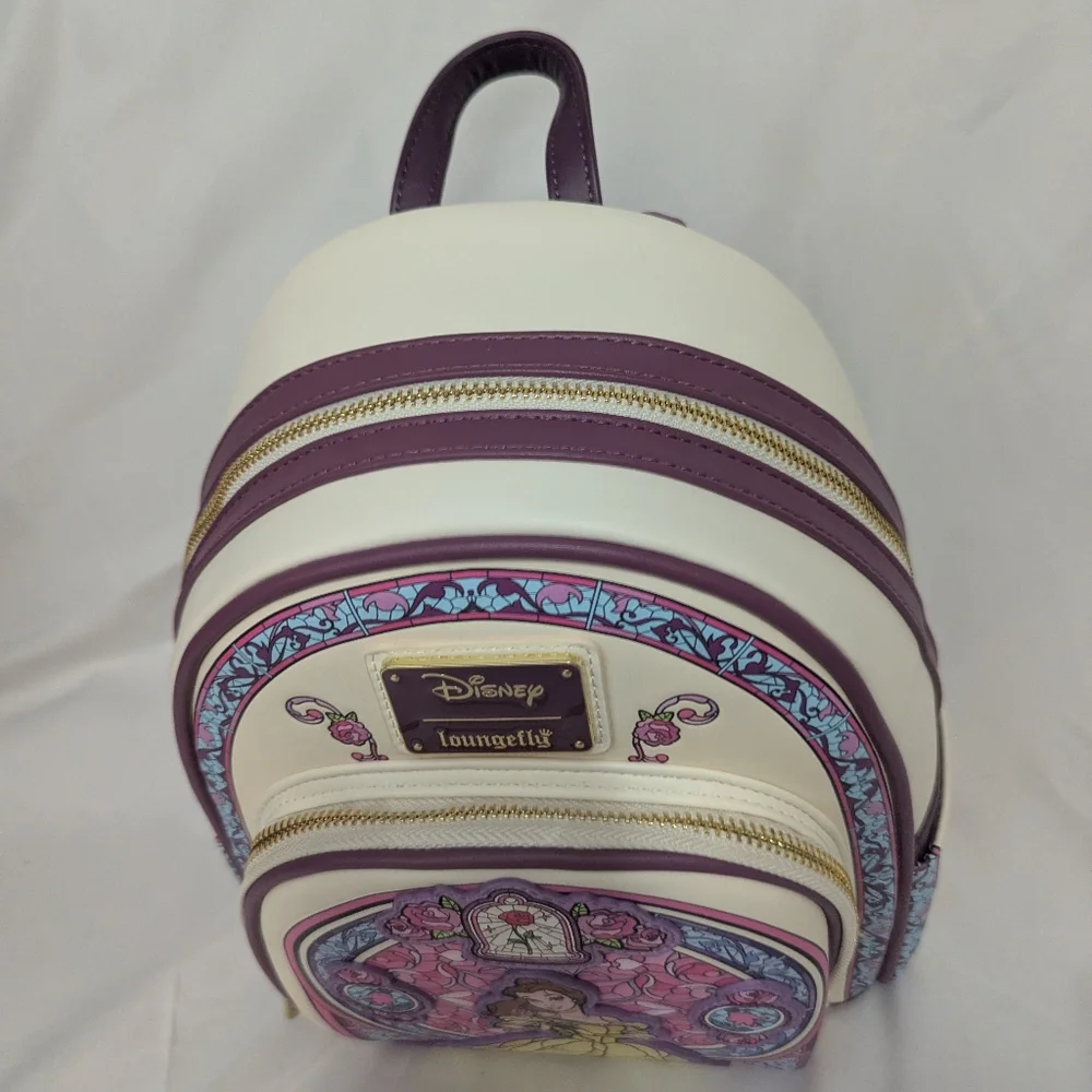 Disney Belle Loungefly Backpack with Stained Glass Background
